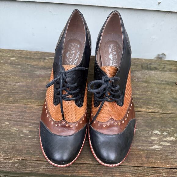 L'Artiste Spring Step Bardot derby Oxford leather colorblock heel 40 brown black - Picture 3 of 9